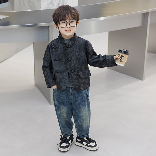 新品儿童汉服男童秋季n外套2023新款帅气宝宝中国风皮衣小男孩古