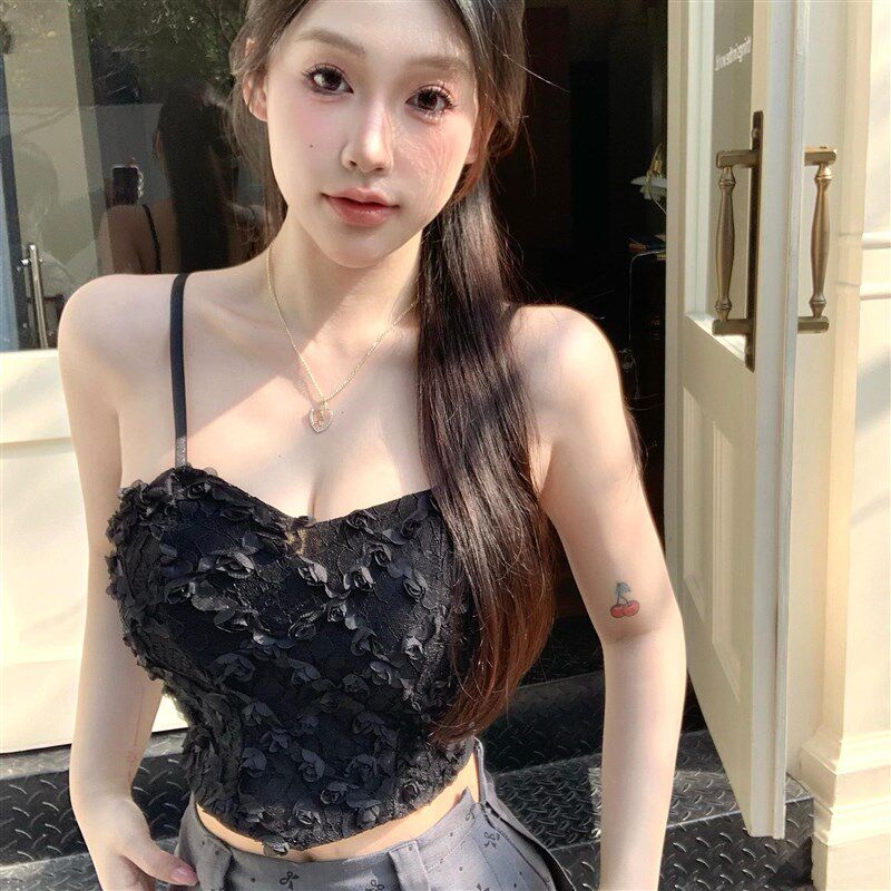 新品蕾丝吊带背心女夏季外穿奶y甜别致带胸垫美背文胸一体短款内