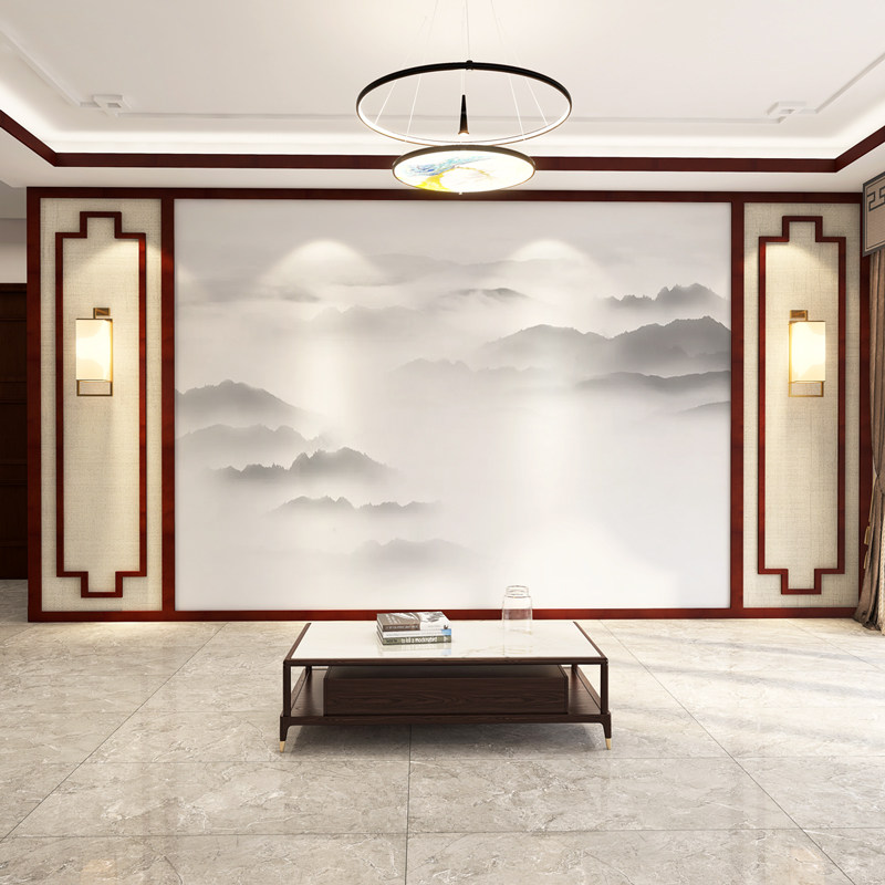 极速新中式山水画电视q背景墙壁纸客厅卧室沙发玄关壁布影视墙定