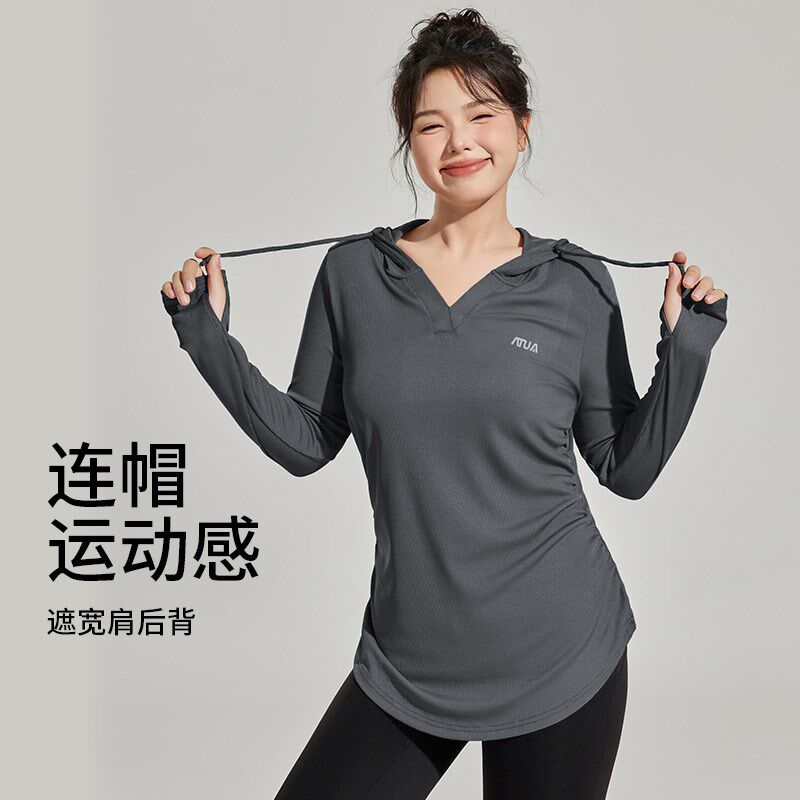 新品大码瑜伽服女中长款显瘦遮臀y长袖运动T恤宽松胖mm健身服上衣