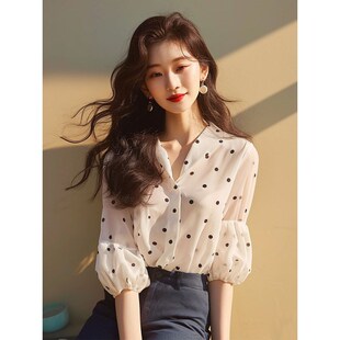 速发小个子洋气别致绝美上衣欧货爆尚时款法式白色圆夏印花点季