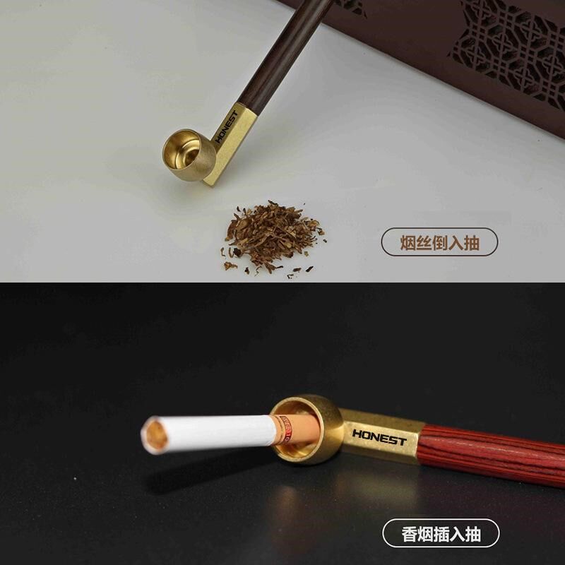 速发端檀木铜烟锅男士复古烟袋杆老式烟锅旱烟杆粗烟两用铜烟斗