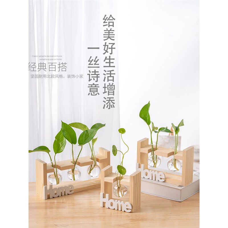 速发内意木架水瓶桌面花培绿萝玻璃容器办公室创桌面绿植摆件装饰