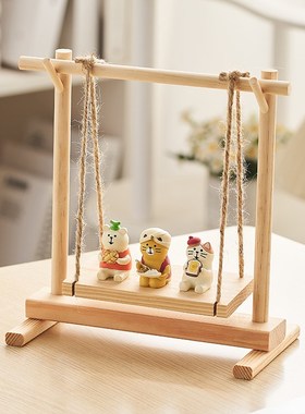 速发简约花绿小动物秋千摆件实木桌物置面架玩具小多肉架架植摆放