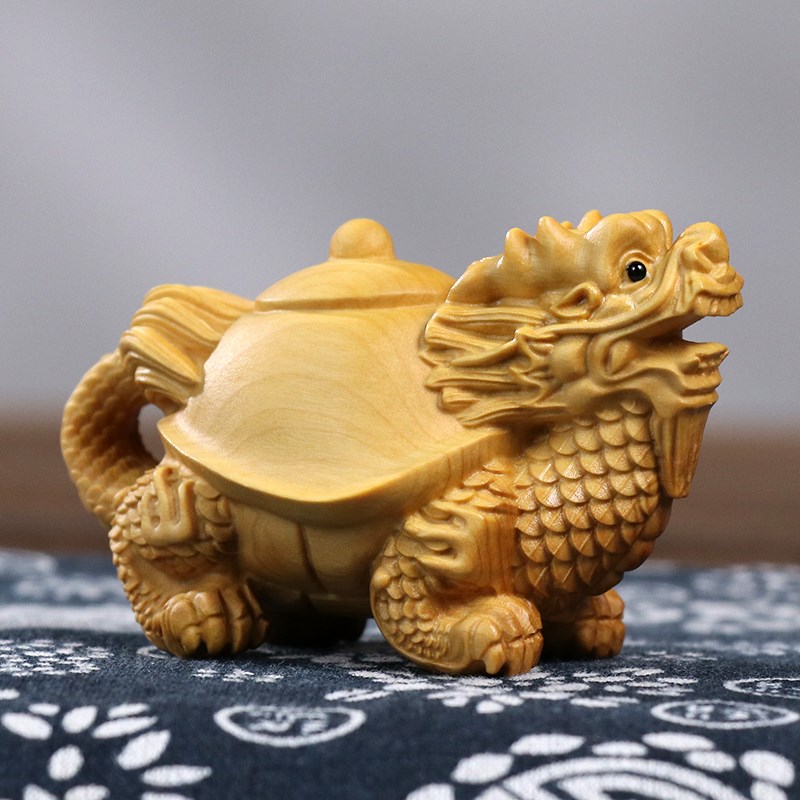 速发黄杨木雕新中式家居客厅木质雕刻工艺品把玩文玩手把件龙龟壶