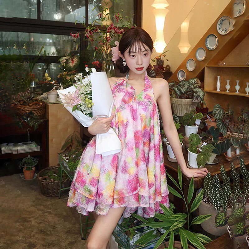 速发旅游海边裙子西双版纳短裙沙滩裙小个子露背挂脖连衣裙度假碎