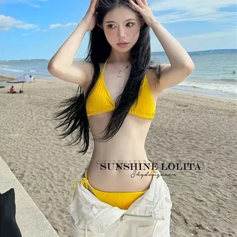 速发白u li基a 黄色分体泳装显S性感小胸挂脖比t尼度假
