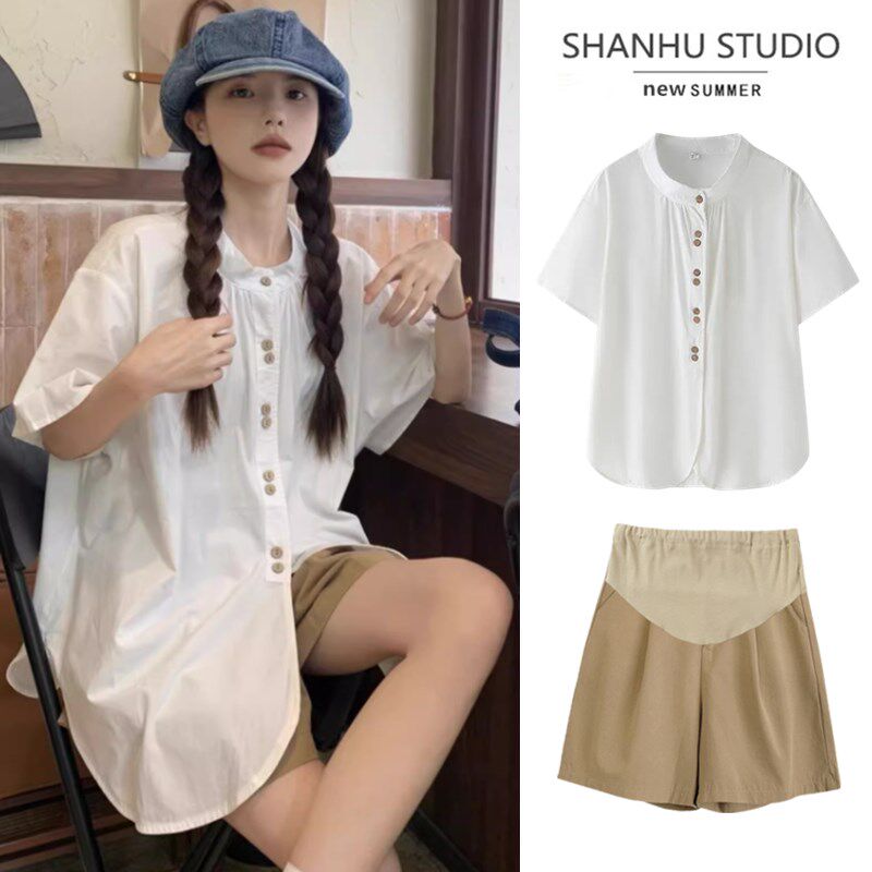 速发孕妇装显套装时尚洋气遮肚两不夏怀设计感上衣短裤子件套