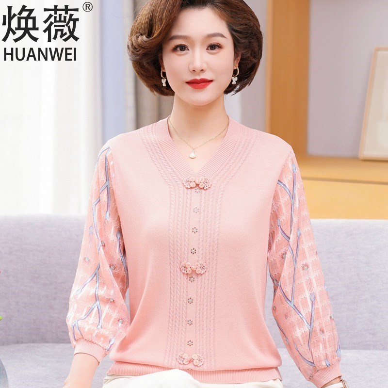 速发妈妈装春装纱袖上衣服2小气4新款洋2T恤中老年春秋针织打底0
