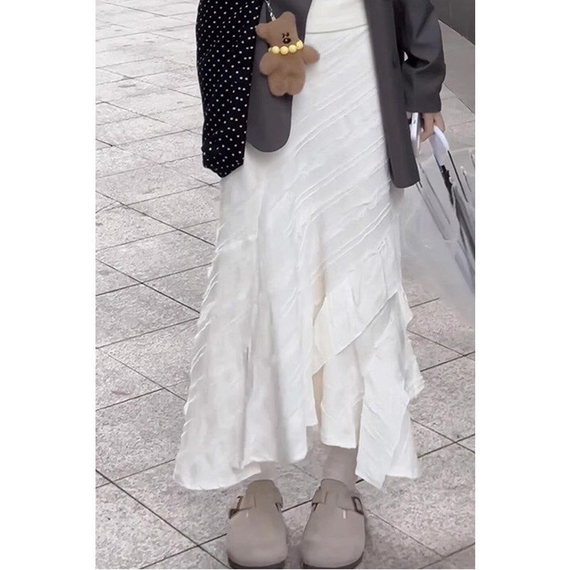 速发不规则花边白色鱼感半身裙春款大码尾字遮胯设计a长裙