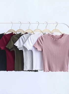 极速Vintage Wood ears O neck Short sleevLe T-shirt 2021 New