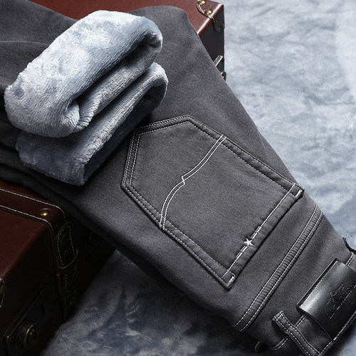 极速2021 Winter New Men Warm Gray Jeans HiMgh Quality Elasti