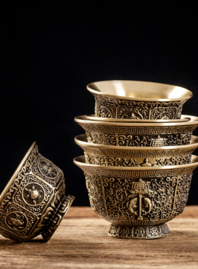 极速黄铜供水杯家用酒杯堂前供财B神净水杯观音贡水杯八吉祥供佛