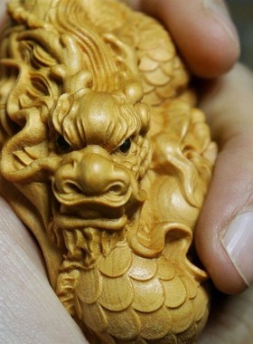 极速实木雕刻太行柏木雕男士生肖神龙F文玩手把件盘玩物件随身生