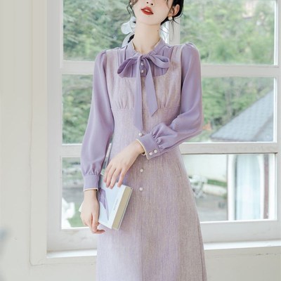 妹妹姐姐参加g弟弟哥哥的婚礼衣服秋季订婚礼服民国风紫色连衣裙
