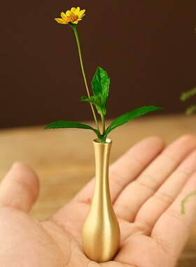 极速纯铜小花瓶 摆件茶道花插复古迷你花器干花创U意摆设香道配件