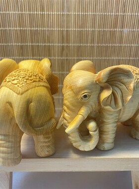 极速大号大象一对太行柏木木雕工艺品P小摆件手把件车摆