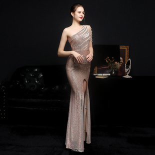 Svhoulder One Elegant Evening Gold Sequin Slit 极速YIDINGZS