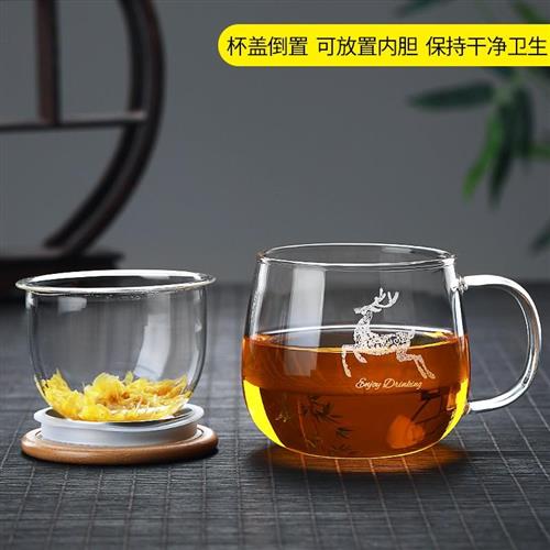 极速茶杯玻璃杯过滤n家用带盖子带把茶水分离泡茶杯男女透明花茶