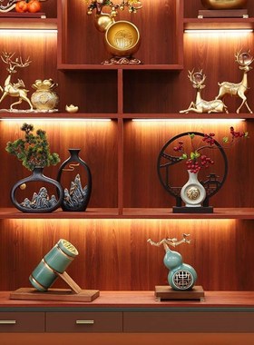 极速新中式中国风博古架客v厅书架玄关酒柜装饰品摆件福禄工艺礼