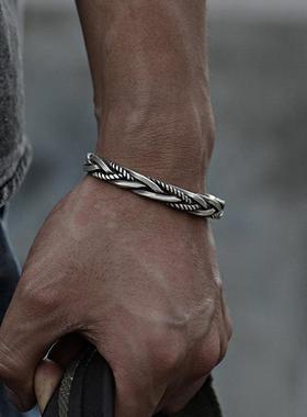 极速2021欧美l复古编织麻花开口手镯铜质镀银手镯男士几何手链