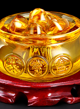 极速黄水晶聚宝盆摆件底座淄博琉璃元G宝玄关客厅桌面饰品办公居