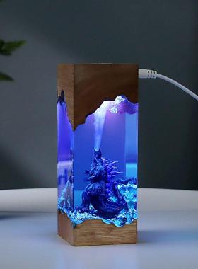 纯手工炫酷哥吉斯拉海洋风桌面摆件送朋友生日礼物朋克树脂小夜灯