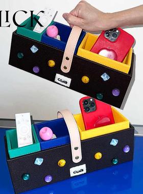 click三合一分隔桌面收纳筒储物提手篮文具笔筒轻奢风高级皮具