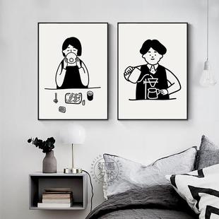 好好生活 ins简约黑白人物咖啡厅餐厅日式卡通漫画装饰画墙壁挂画
