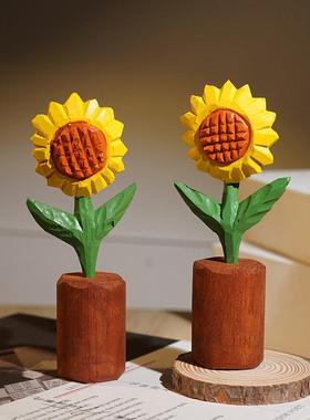 《阳光好心情》向日葵手工木雕小摆件办公书桌面装饰品送老师礼物