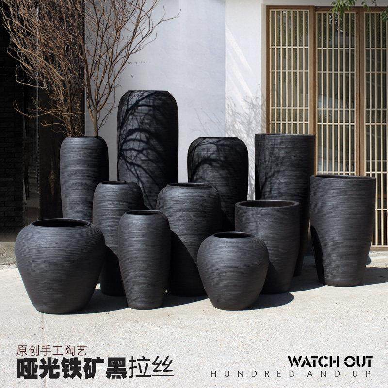 日式复古禅意落地宽口黑色陶罐大号花瓶盆坛子庭院缸餐厅酒店摆件,家居饰品,花瓶,淘宝优惠券,粉丝福利购,淘宝优惠卷