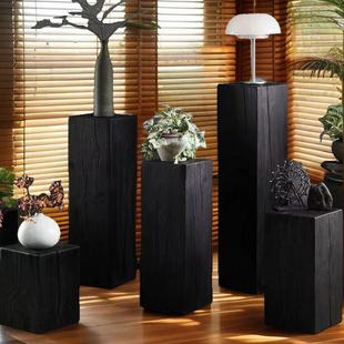 北欧根雕侘寂风复古碳化玄关摆件艺术底座茶几增高方形木墩子花架