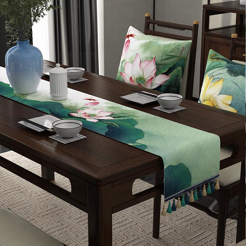 桌旗桌布茶几餐桌电视柜新中式床旗荷花亚麻搭布防尘布布艺桌巾