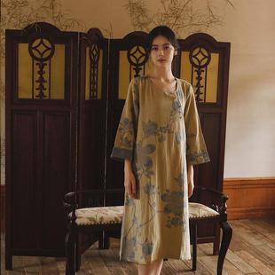 家居睡裙 新款 纯棉女士新中式 复古风斜襟款 双层纱布提花长袖