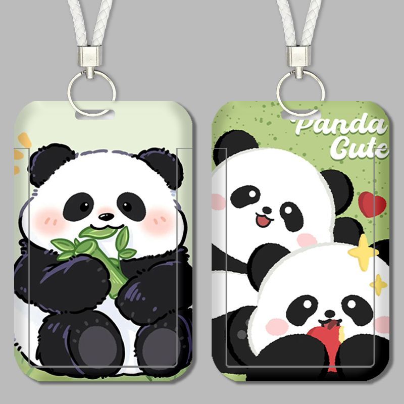 可爱大熊猫学生校牌卡套可伸缩挂脖带挂绳耐用通用加厚硬壳定制