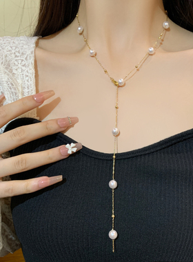 极速Y字流苏长款珍珠项链女款轻奢气质小众颈链配饰W设计感锁骨链