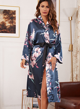 极速Kimono Robe Gown Writh Belt Print Flower Women Bathrobe