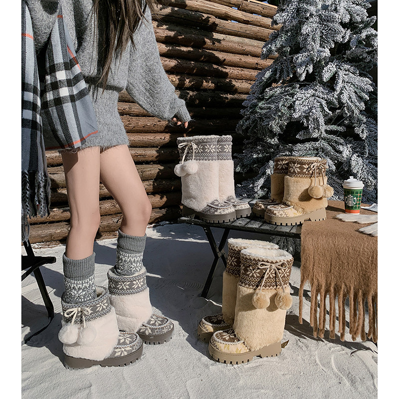 跟高5cm/35-39/厚底中筒加绒保暖提花针织短筒拼色毛球雪地靴