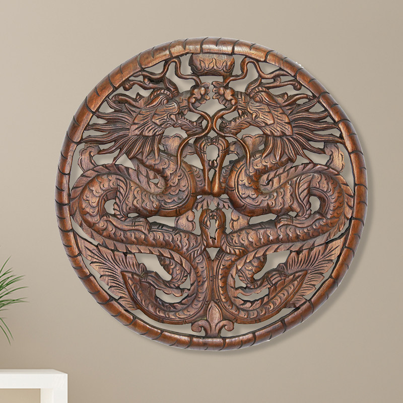 新品东南亚木雕工艺品 泰国进口双龙圆形I60cm雕花板酒店会所墙上