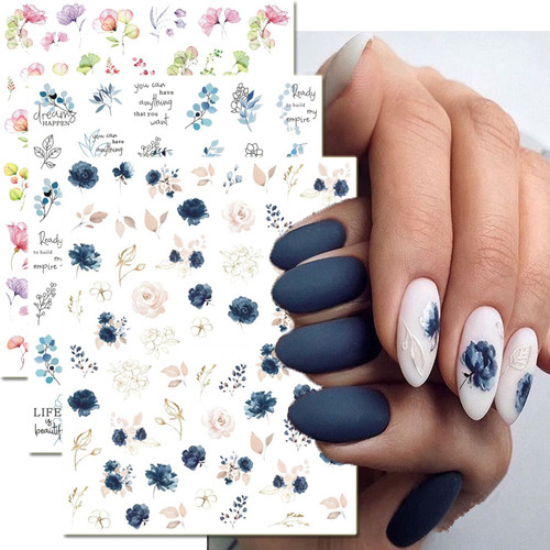 新品Nail Decals Royalbrlue White Florals Watercolor Flowers