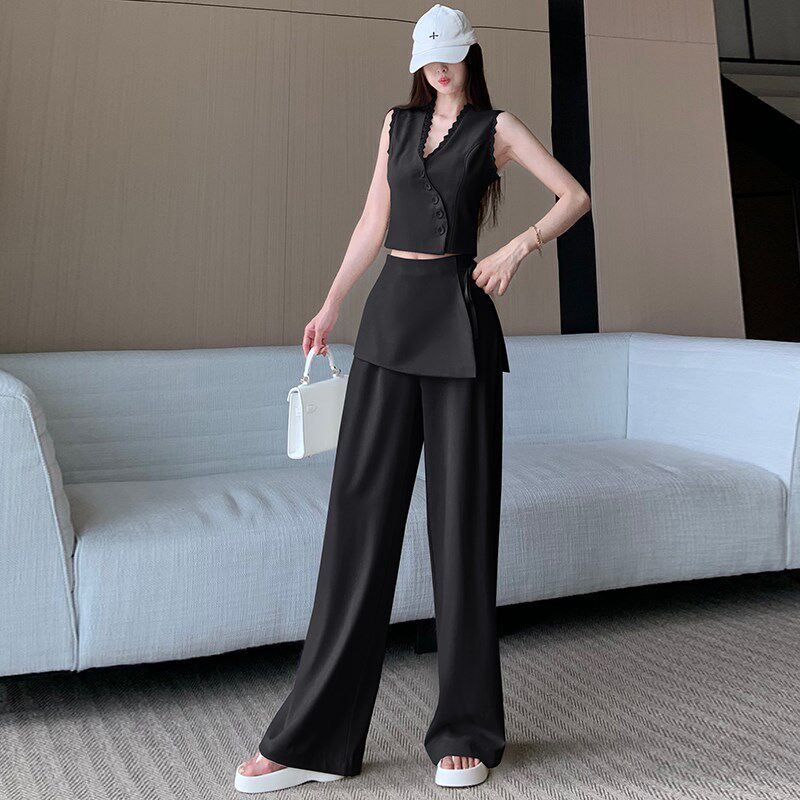 新品时尚蕾丝Vh领西装马甲上衣套装女假两件高腰阔腿裤夏季休闲两