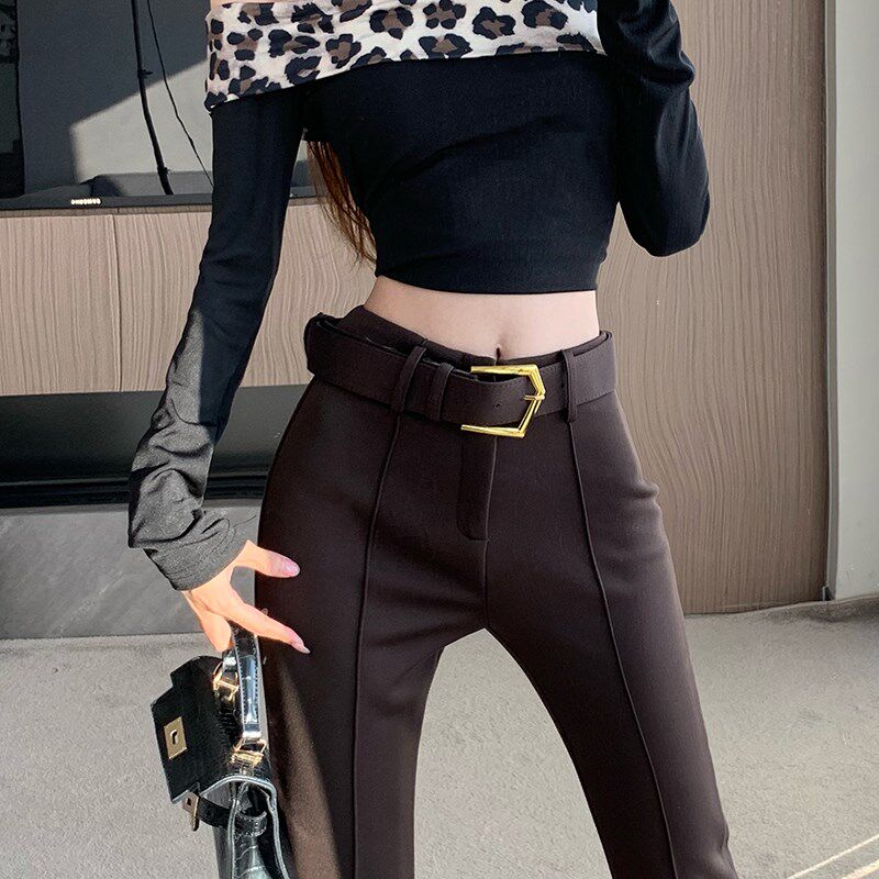 新品黑色微喇休闲裤女p2025春季新款高腰修身显瘦马蹄裤西装喇叭