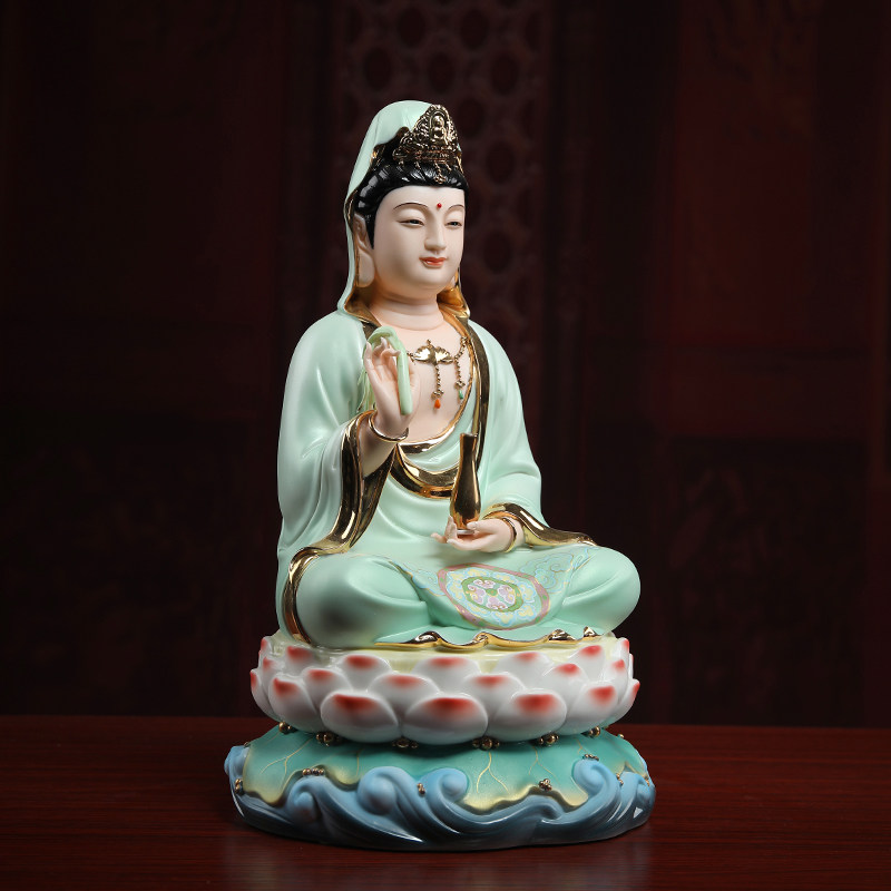 新品戴玉堂陶瓷12/14/18吋坐莲观音佛像居家供奉摆件家.用观世音
