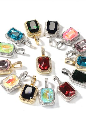 极速欧美a摩卡萤光方形实心宝石吊坠百搭情侣男女嘻哈项链小众冷