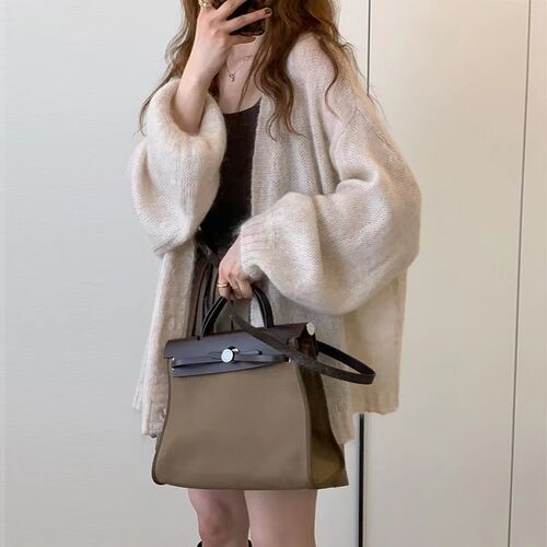新品慵懒风软糯咖色毛衣外套开衫女2024秋冬季新款W宽松外搭针织