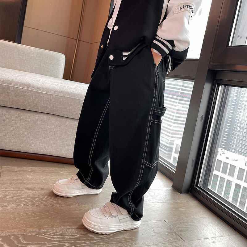 极速儿童a牛仔裤休闲裤子男童春秋2023新款韩版阔腿长裤中大童黑