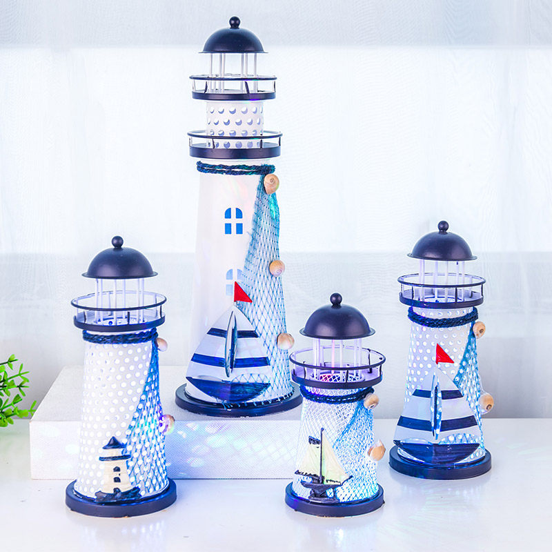 极速地中海铁皮电子灯塔摆件可发光桌面海K洋风拍摄影道具边旅游