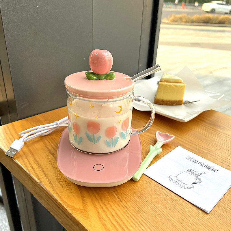 极速少女心郁金香玻璃q杯耐热有盖勺家用学生宿舍牛奶办公室水杯