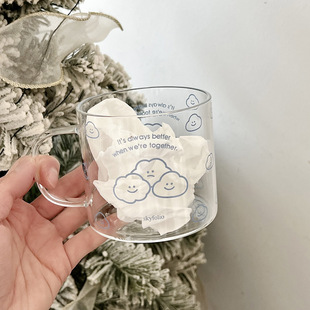 SHˇ韩风手绘ins云朵玻璃水杯女生高颜值耐高温早餐牛奶杯家用