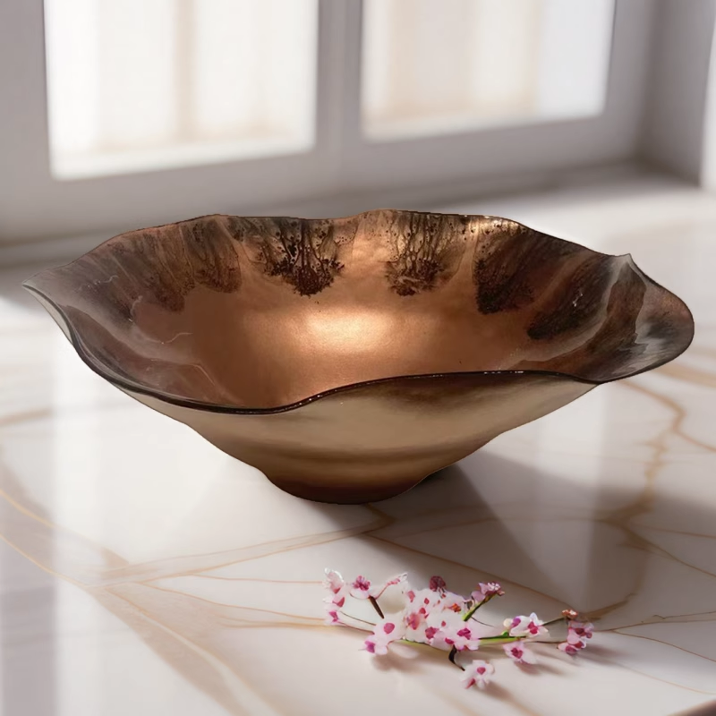 新中式轻奢金色玻璃水果盘客厅茶几摆件果篓样板房工艺品软装摆件